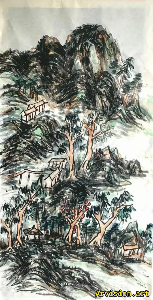 Peinture à l'encre de la cabane dans la forêt Peinture à l'encre chinoise