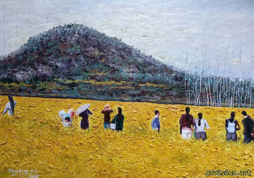 Peinture à l'huile de Wang Lin est un observateur de fleurs