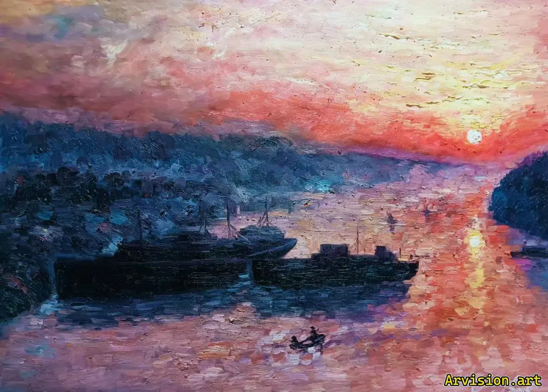 Wang lin huile sur toile Huaihe Sunrise impression