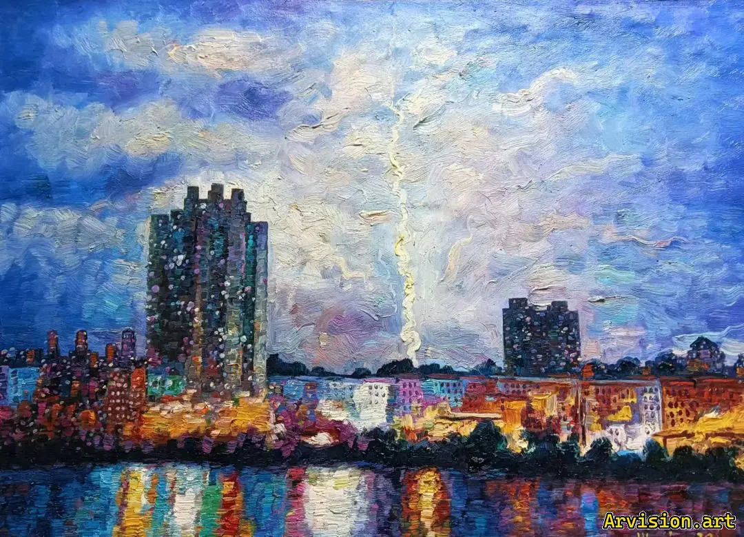 Peinture à l'huile de Wang Lin la nuit d'été sur la rive du fleuve