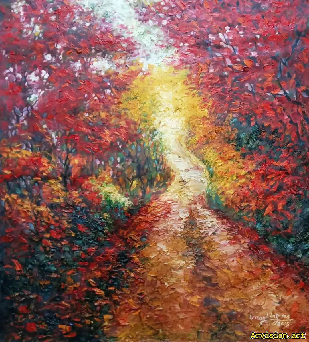 Peinture à l'huile de Wang Lin sur un chemin de boue en fin d'automne