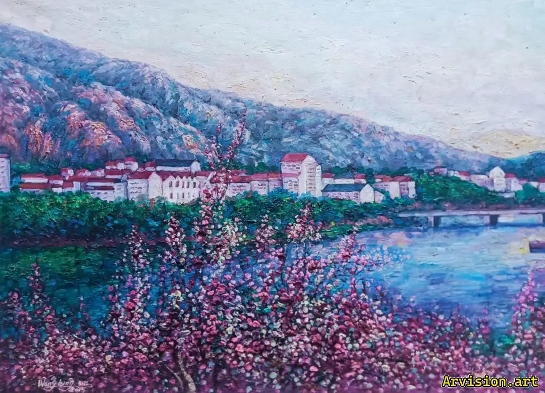 Peinture à l'huile de Wang Lin sur l'endroit où les fleurs de pêche fleurissent