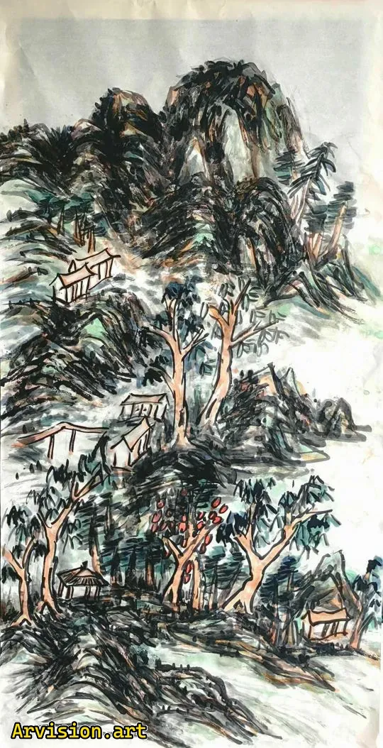 Peinture à l'encre de la cabane dans la forêt Peinture à l'encre chinoise