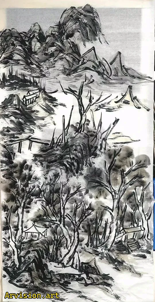 Winter Cabin Ink Painting à l'encre chinoise