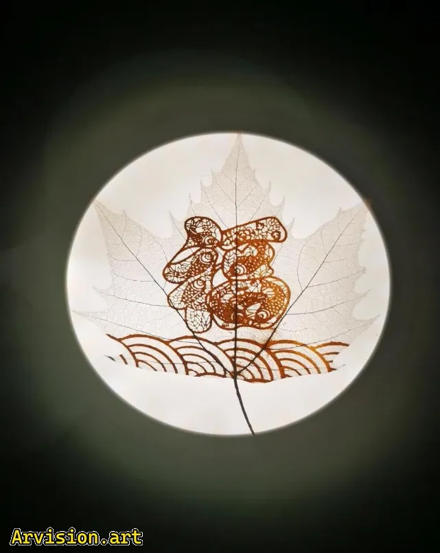Sculpture de feuilles de sycamore avec caractère Fu