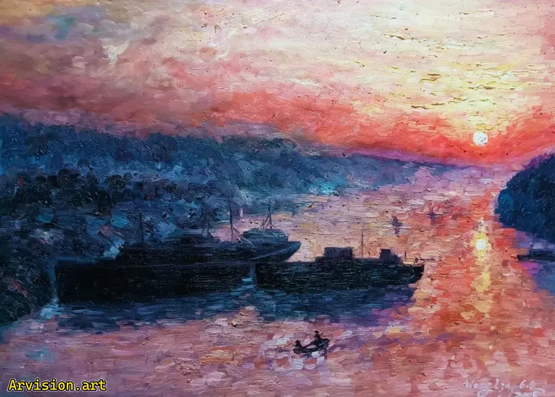 Wang lin huile sur toile Huaihe Sunrise impression