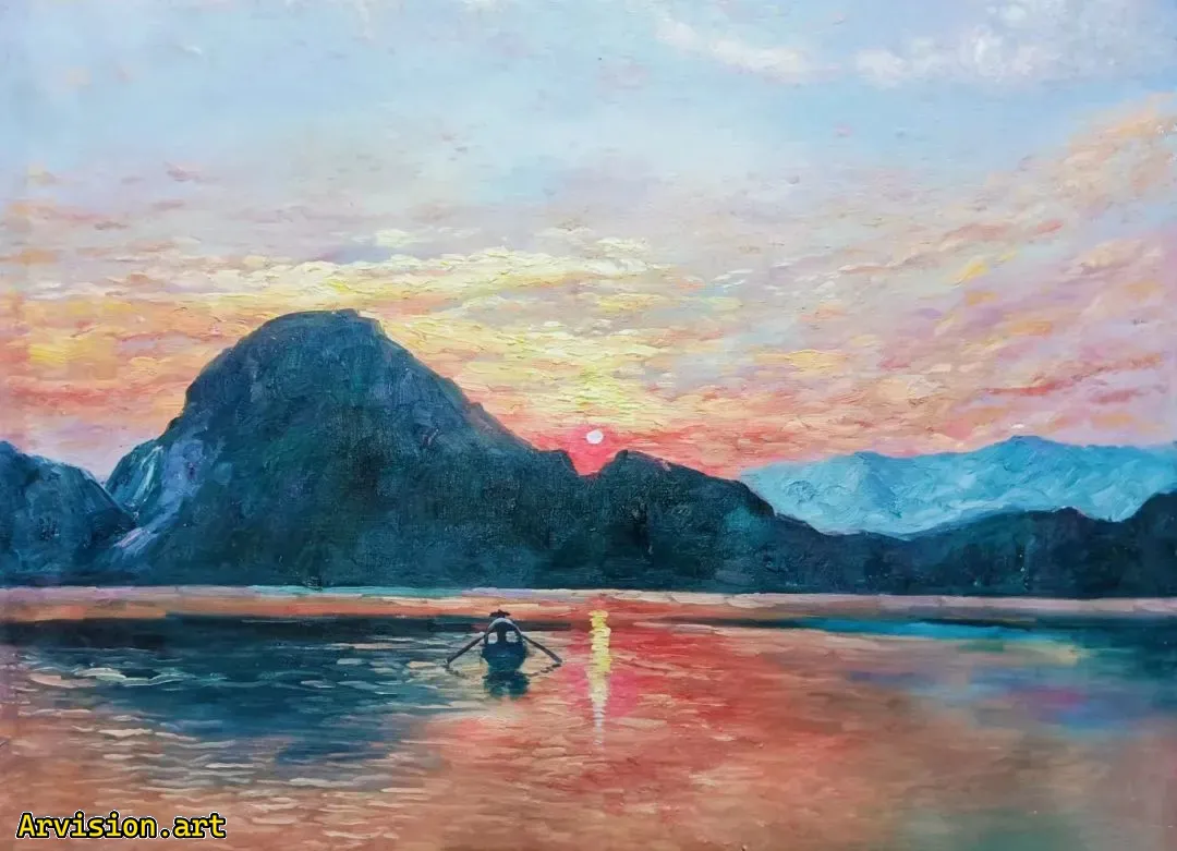 Peinture à l'huile de Wang Lin bateau solitaire avec le soleil couchant