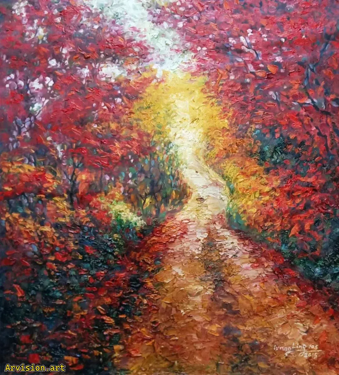 Peinture à l'huile de Wang Lin sur un chemin de boue en fin d'automne