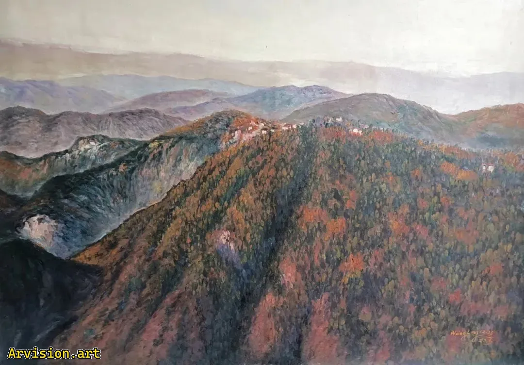 Peinture à l'huile de Wang Lin vue lointaine sur le mont Qigong