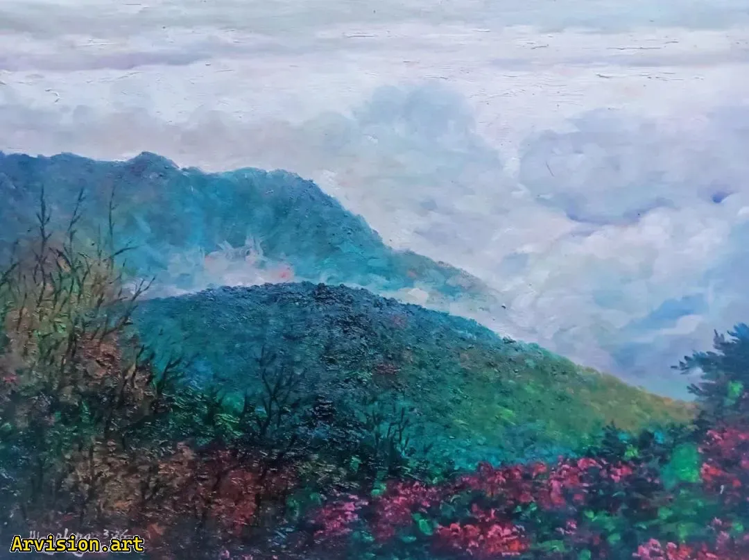 Peinture à l'huile de Wang Lin Ridge à travers les montagnes rouge